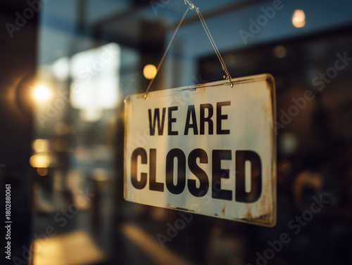 Store sign indicating closure in evening light with reflections and warm tones