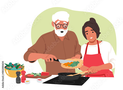 Happy elderly couple cooking together preparing food for dinner at home kitchen cartoon scene
