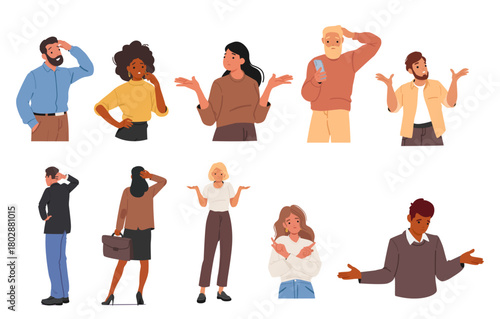 Photos Puzzled confused man and woman gesturing emotionally, frowning face looking for