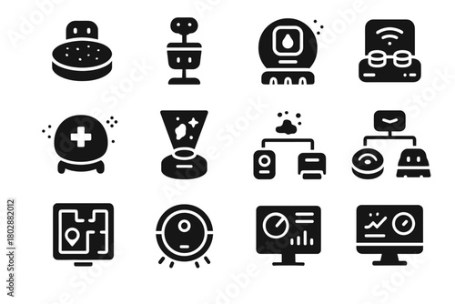 Monitor system icon digital cleaning assistant vacuum hygiene ai smart vector