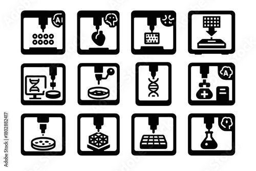 Vector ai bioprinter assembly laboratory module icons regenerative organ cellular microbial icon