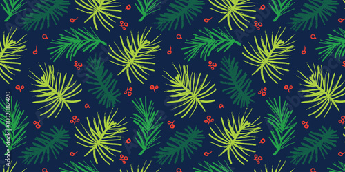 Hand Drawn Christmas Fir Tree in Grunge Style on Dark Background. Doodle evergreen leaves of pine silhouettes. Winter holiday art perfect for greeting cards, posters, wrapping, seasonal branding, and