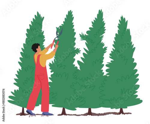 Male gardener cartoon character trimming trees with pruning shears tool to care for plants