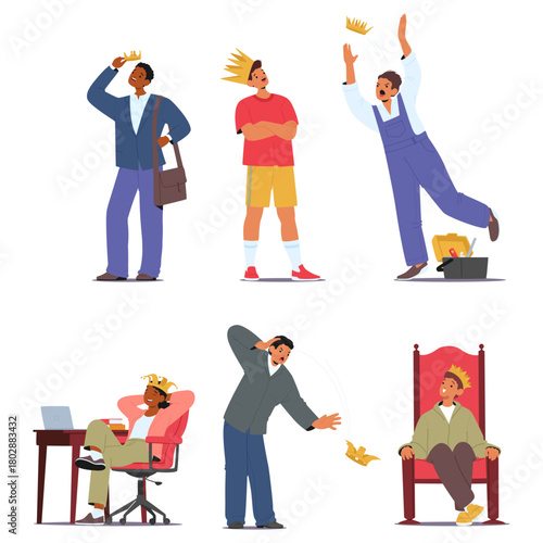 Fragility and strength of human pride and self-respect set with diverse people characters on crown