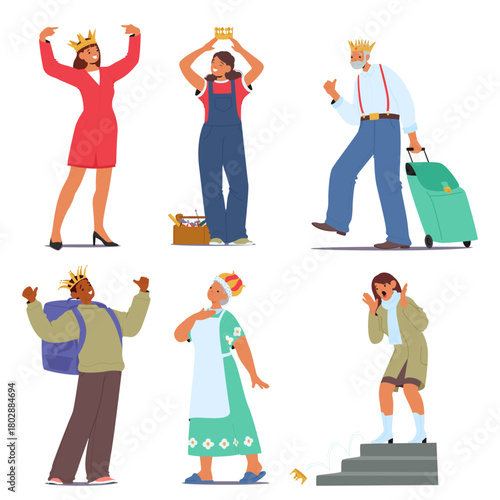 People of different ages in golden crown as symbol of self-worth, self-admiration and self-esteem