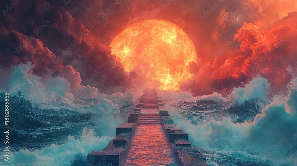 Fototapeta premium A stone path stretches into a fiery glowing sunset as ocean waves crash under dramatic clouds isolated png transparent