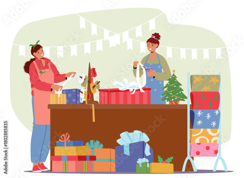 Team of saleswomen wrapping gift according to customers orders working at retail shop cartoon scene