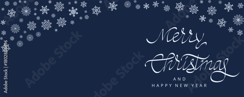 Rectangular wave border made of snowflakes, isolated on dark background with text. Frosty winter abstract design for seasonal, festive and holiday compositions