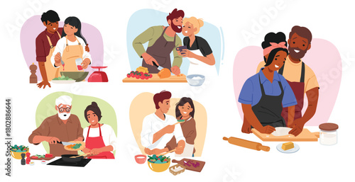 Happy couple enjoying preparing food together cartoon scene with characters of different ages