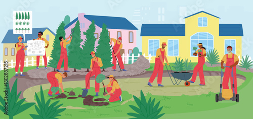 Professional landscape designer and skilled gardeners team working on yard outdoors cartoon scene