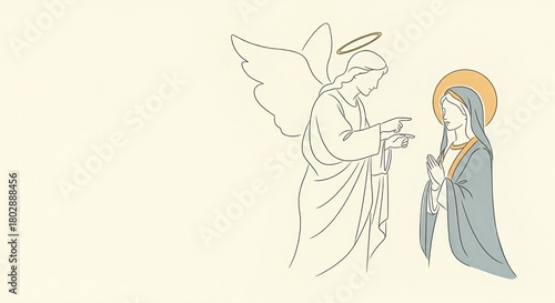 Minimalist line drawing of the Annunciation. Archangel Gabriel announces to Virgin Mary. Biblical Christmas story illustration with copy space