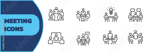 Minimal meeting and conference icons including video calls, group discussions, brainstorming, and teamwork tables, collaboration concept