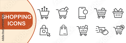 Minimalist shopping icons featuring carts, bags, mobile shopping, gift box, pointer clicks, and percentage symbols, online shopping concept
