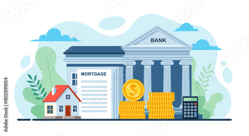Banking and mortgage concept illustrated with house, bank building, coins, and calculator; financial investment