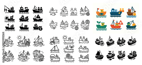 Colorful and monochrome boat icons collection