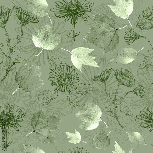 Seamless Blue Pattern with Flowers and Leaves
