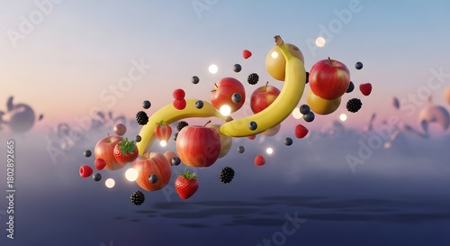 Fototapeta Naklejka Na Ścianę i Meble -  A surreal arrangement of floating fruits and berries with glowing lights