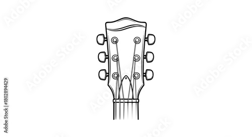 Black and white line art vector of acoustic guitar headstock with tuning pegs, isolated, minimal and elegant