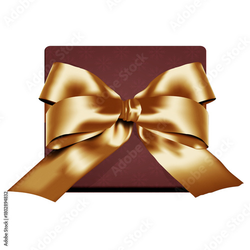 Top view of an elegant square gift box, wrapped in deep burgundy paper, with a subtle snowflake pattern and a large, luxurious gold satin bow. Ideal for holiday greetings, luxury product promotions, o