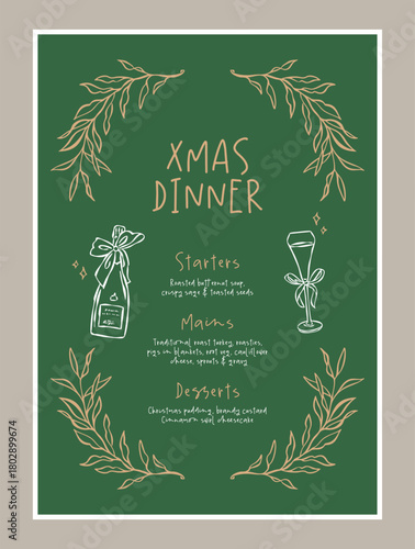 Christmas dinner menu template with whimsical drink doodles. Art for greeting cards, wedding invitations, postcards, branding, logo design.	