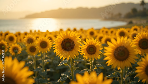 Sun kissed sunflower field with shoreline blur and golden hour reflections