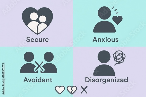 Exploring Attachment Styles in Relationships with Secure Anxious Avoidant and Disorganized Dynamics Illustrated Through Symbolic Icons and Colorful Backgrounds of Emotional Complexity