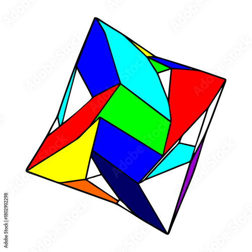Vibrant Abstract Geometric 3D Shape with Interlocking Polygons, Dynamic Colorful Polyhedron Illustration