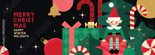 Christmas banner in contemporary flat minimalist geometric style with little Santa's helper sitting on the pile of gift boxes. Design for Holiday greeting cards, postcards or advent calendar. 