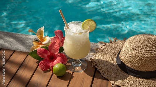Frosty coconut lime margarita cocktail in tropical pool