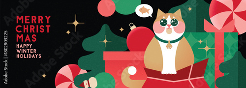 Christmas banner in contemporary flat minimalist geometric style with cute well fed cat sitting on a gift box . Design for Holiday banners, greeting cards or advent calendar. Vector illustration
