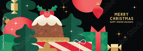 Christmas banner in contemporary flat minimalist style with British traditional Christmas pudding. Design for Holiday banner, advent calendar or greeting card. Vector illustration 