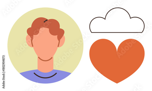Bust of a person alongside a cloud above a heart, representing thought and emotion. Ideal for mental health, emotion, cognition, psychology, mindfulness, self-care and simplicity. Simple flat