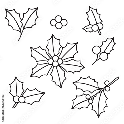 A versatile set of black and white vector illustrations featuring various leaves, twigs, and clusters of traditional Christmas holly berries. Simple line drawing elements, perfect for Christmas cards,