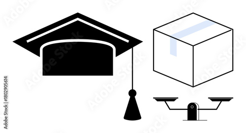 Graduation cap, weighing scale, and package suggest themes of education, balance, trade. Ideal for education, justice, business logistics decision-making equality growth. Simple flat metaphor