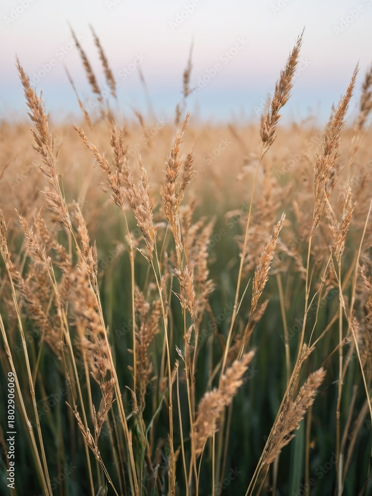 Obraz premium Gentle breeze moving tall golden grass under evening light