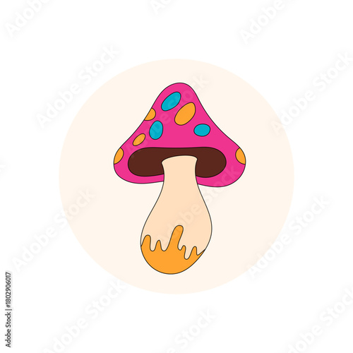 Groovy retro mushroom sticker with colorful patch forms circle seal on package lid. Magic shroom in y2k style as playful sticker patch adds a creative accent for product label and packaging.