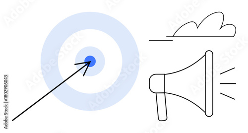 Arrow strikes bullseye in blue target, megaphone amplifies message, and cloud adds abstract thought. Ideal for marketing, goal achievement, communication, strategy, focus, advertising promotion