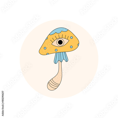Groovy psychedelic mushroom sticker with eye, retro cartoon shroom symbol in y2k style. Magic circle lid for package, playful sticker with creative symbol, colorful and modern for lid or package