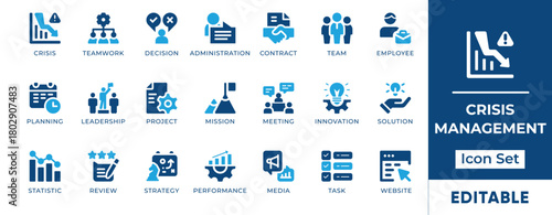 Crisis management icon set with emergency response, risk assessment, alert symbols, communication, problem-solving, and safety coordination for business and organizational projects.