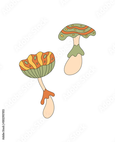 Groovy retro mushroom with psychedelic and cartoon graphic style, vibrant orange accents set in a fantasy world. Trippy shroom and magic groovy element evoke y2k trends for playful artistic decor