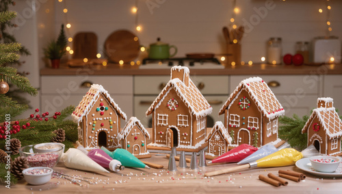 Close-up of hands decorating gingerbread houses with icing — but hands not visible, only tools and decorations, cozy Christmas kitchen