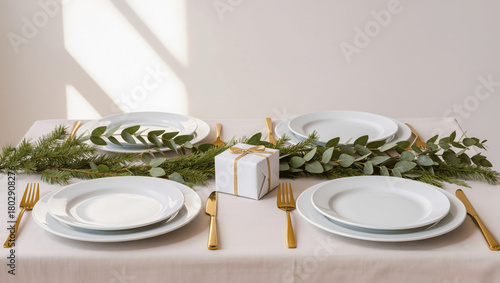 Minimalist Christmas table setup with white plates, greenery, gold cutlery, and a small wrapped gift, clean aesthetic photo