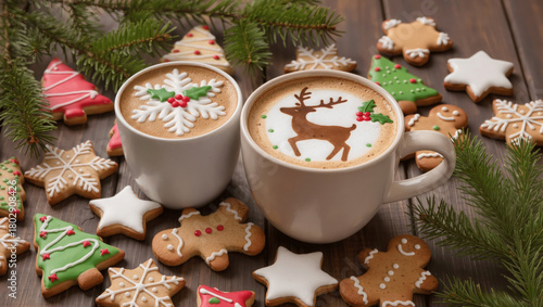 Festive latte with Christmas foam art in a ceramic mug, surrounded by cookies and evergreen branches, photorealistic
