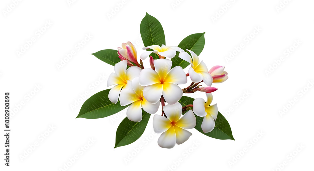 Obraz premium Cluster of White and Yellow Plumeria Flowers, with green leaves, isolated on white or transparent background, PNG