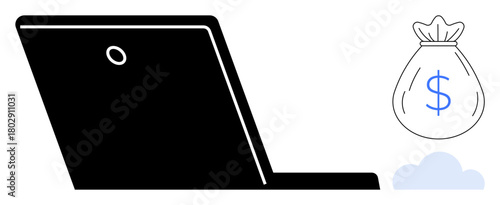 Open laptop beside money bag with dollar sign hovering over a cloud. Ideal for e-commerce, online payment, virtual banking, digital finance, fintech, cloud storage, budget management. Simple flat