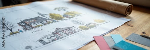 Architectural blueprints & material samples displayed on design studio table , blueprint, material