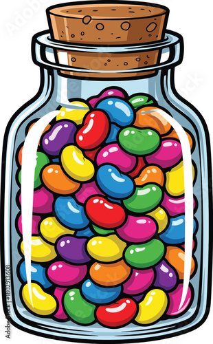A cartoon illustration of a clear glass jar with a cork stopper filled to the brim with a vibrant assortment of colorful jelly bean candies.