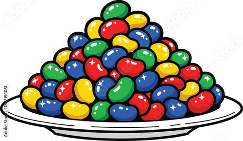 A large colorful cartoon pile of glossy red green blue and yellow jelly beans on a plate.