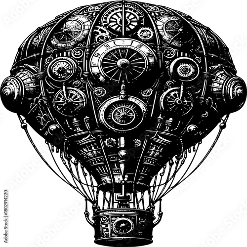 Steampunk Airship: A captivating black and white illustration of a steampunk airship. The design showcases intricate mechanical details and a vintage aesthetic.