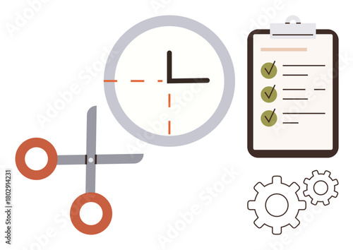 Clock for scheduling, checklist for organization, scissors for task cutting, and gears for workflow. Ideal for productivity, planning, organization, time management, efficiency workflow improvement